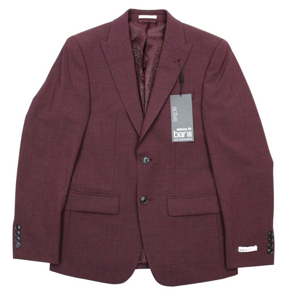 Bar III Suit Jacket 36 S Mens Slim Fit Brugundy Wool Blend Peak Two Button New